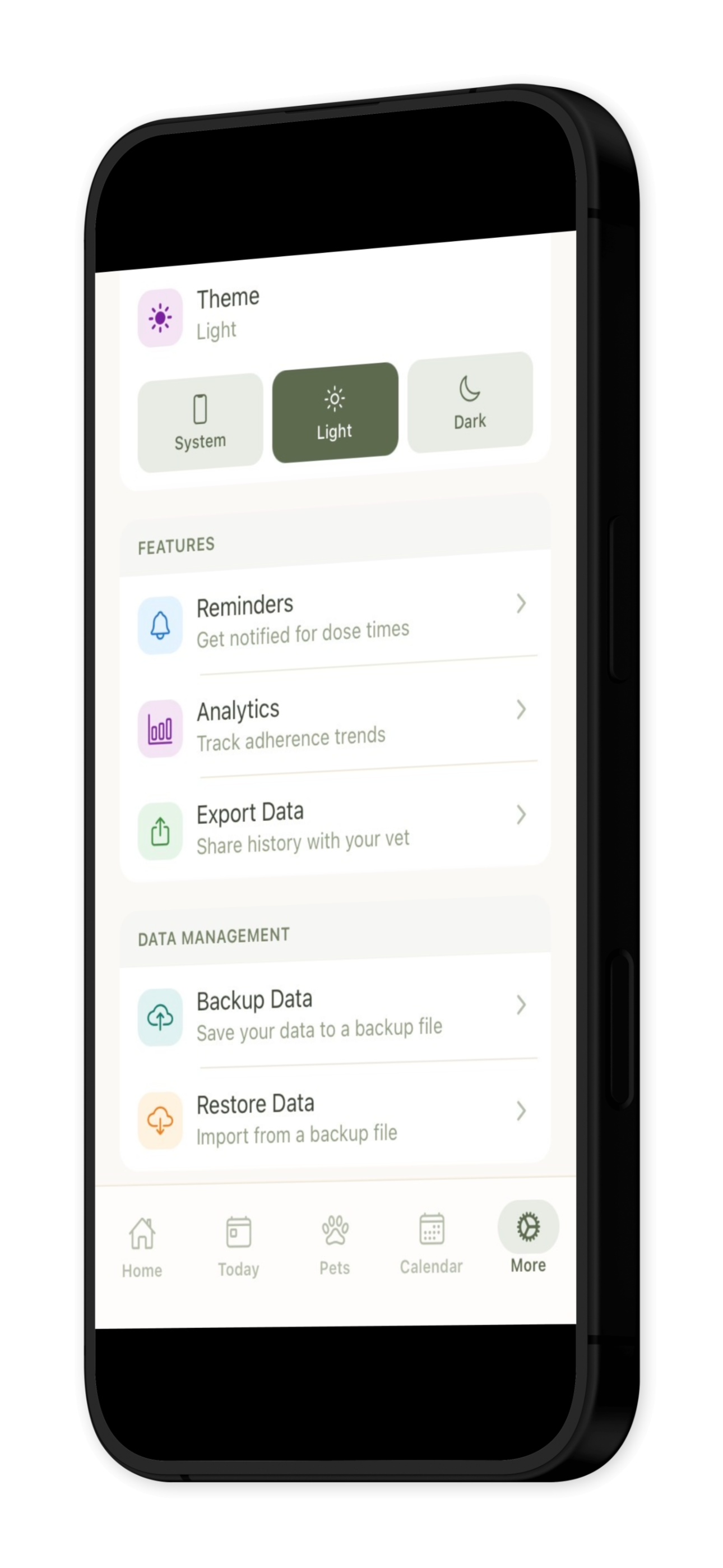 PillPaw settings and features